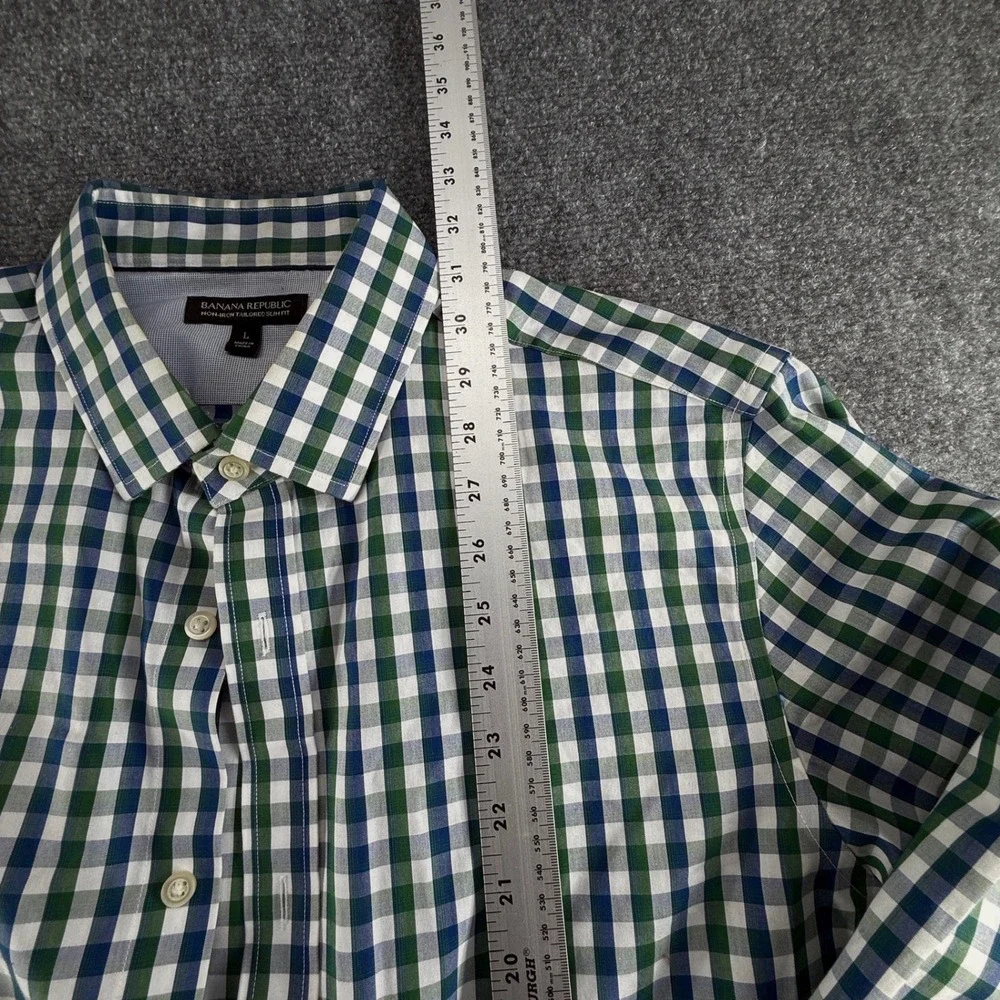 Banana Republic Mens L Green Navy Gingham Non-Iron Tailored Slim Fit Shirt
